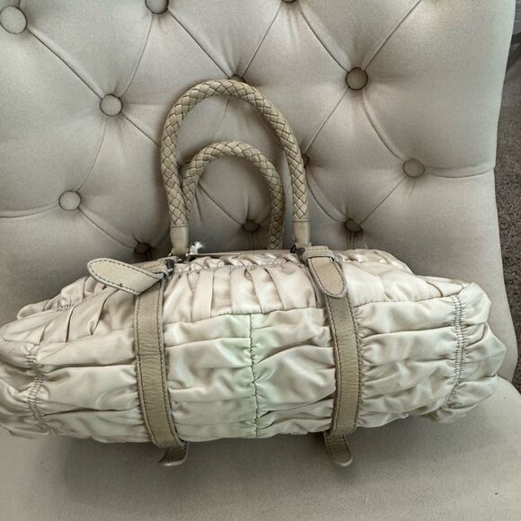 Prada Beige Gaufre Tessuto Nylon Handbag Braided Leather Handles - Picture 6 of 11